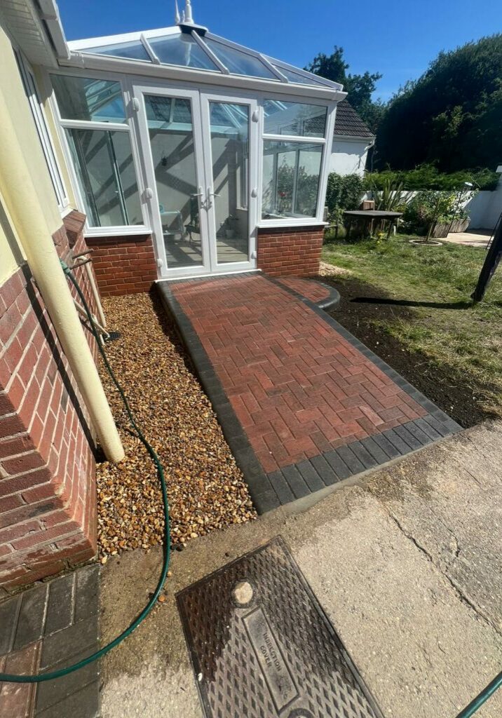 A patio installation in Pool, done by Signature Surfacing Ltd.